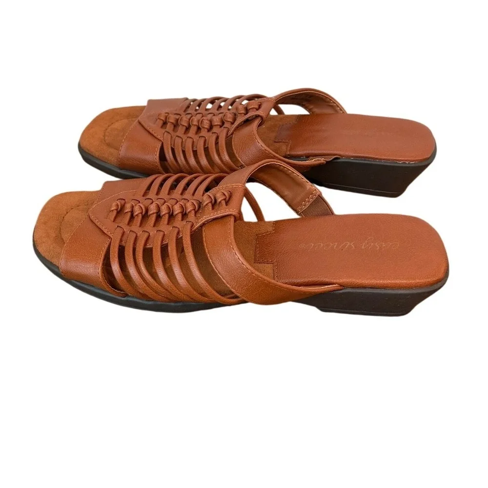 Easy Street Tan Brown Strappy Cage Slide Wedge Sandals Women's - 7WW